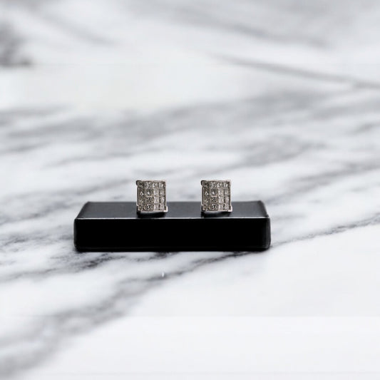 14KT White Gold W/ Diamond 1.50cttw Cluster Square Studs Earrings