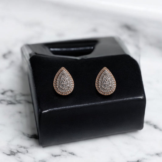 14KT White & Rose Gold W/ Diamond 1cttw Pear Halo Drop Earrings
