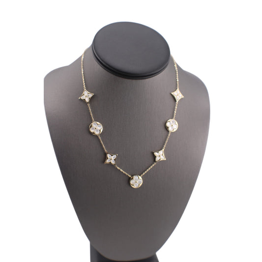 14KT Yellow Solid Gold Fancy Mother of Pearl Flower Link Chain