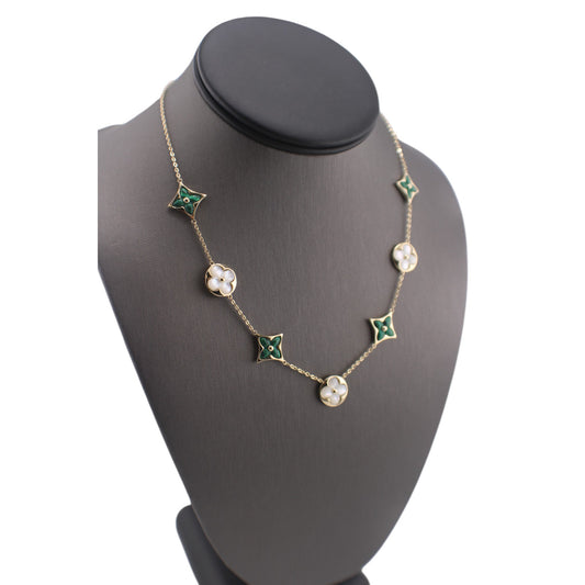 14KT Yellow Solid Gold Fancy Malachite & Mother of Pearl Flower Link Chain