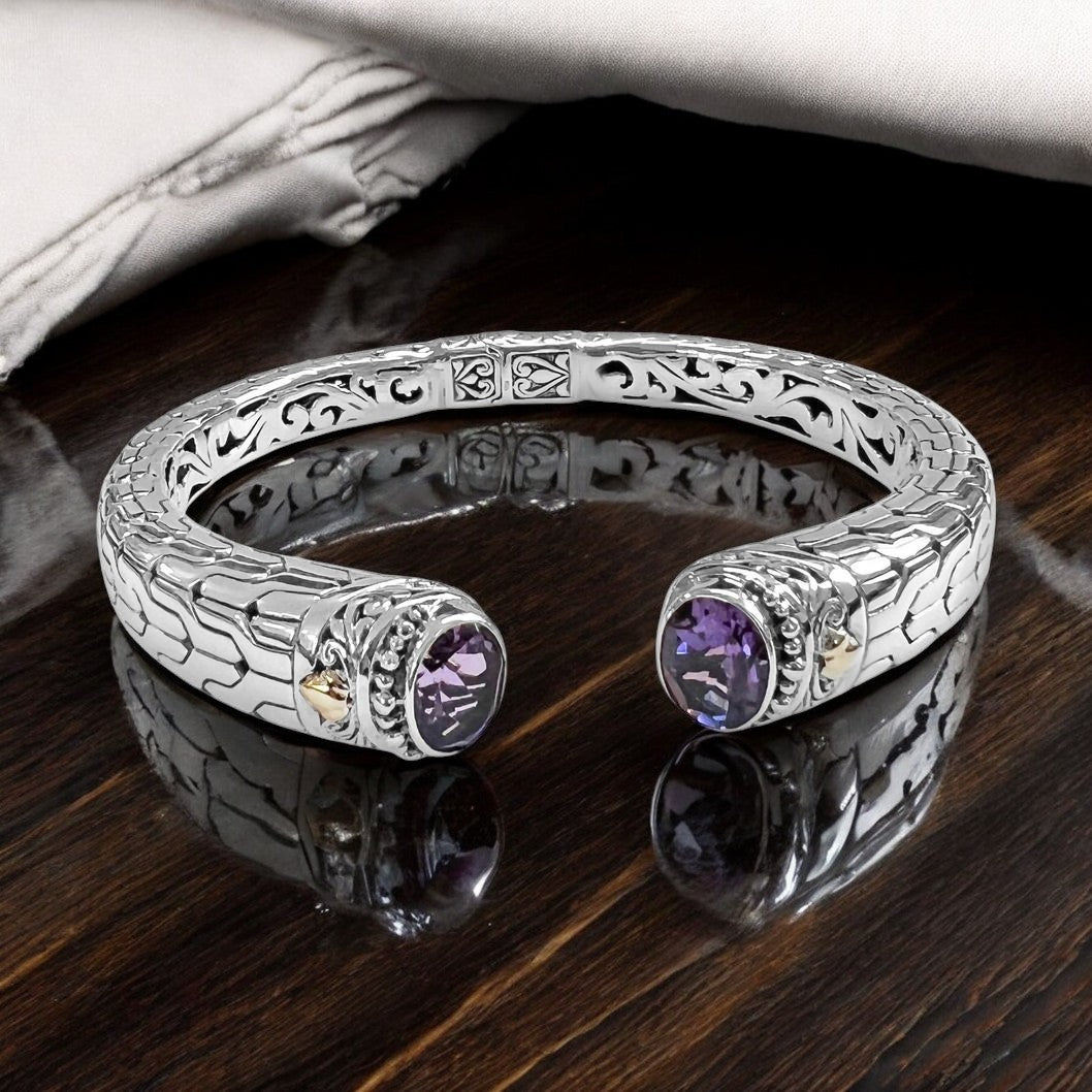 Bali Silver Collection W/ 18KT Elemental Amethyst Bali Bangles