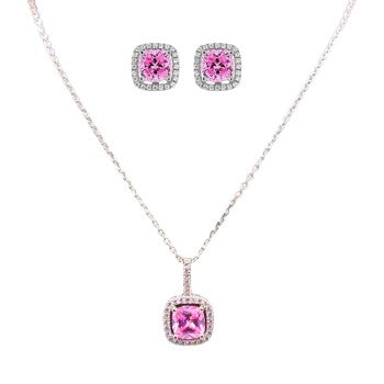 Silver Pendants Collection Chain 18" Square Design W/ Pink Cz