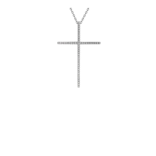 Silver Pendants Collection 43mm Cross W/ White Cz And 16" Chain