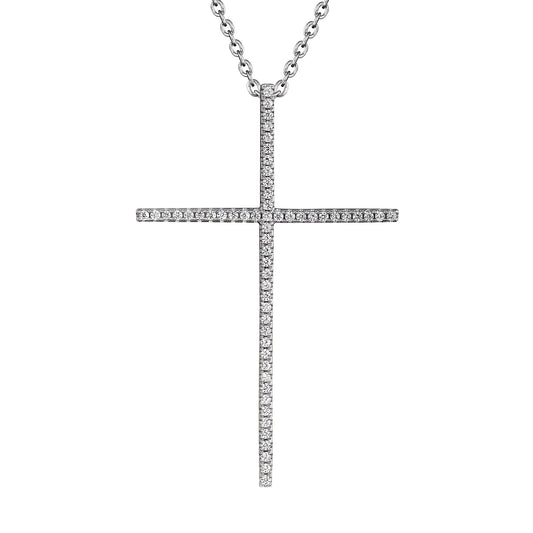 Silver Pendants Collection 53mm Cross W/ White Cz And 16" Chain