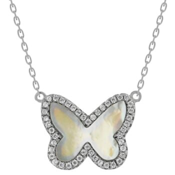 Silver Pendants Collection 18" Chain Mother of Pearl Butterfly W/ White Cz