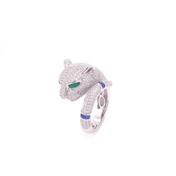 Silver Collection Green-Eye Panther Bangle W/ White & Blue Cz.