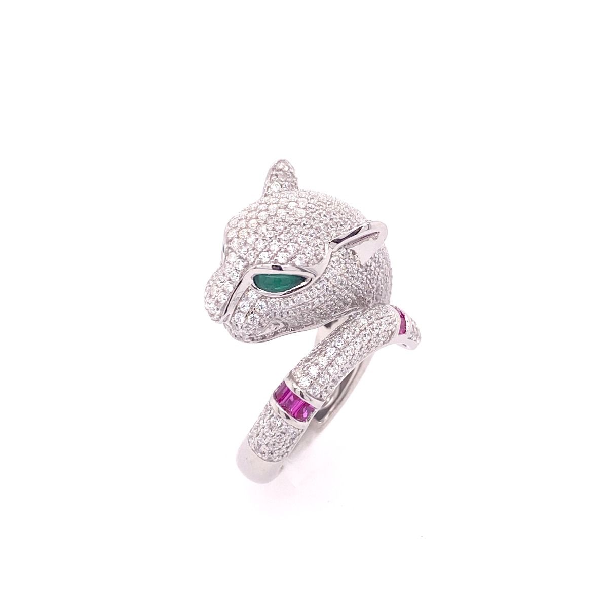 Silver Collection Green-Eye Panther Bangle W/ White & Pink Cz.