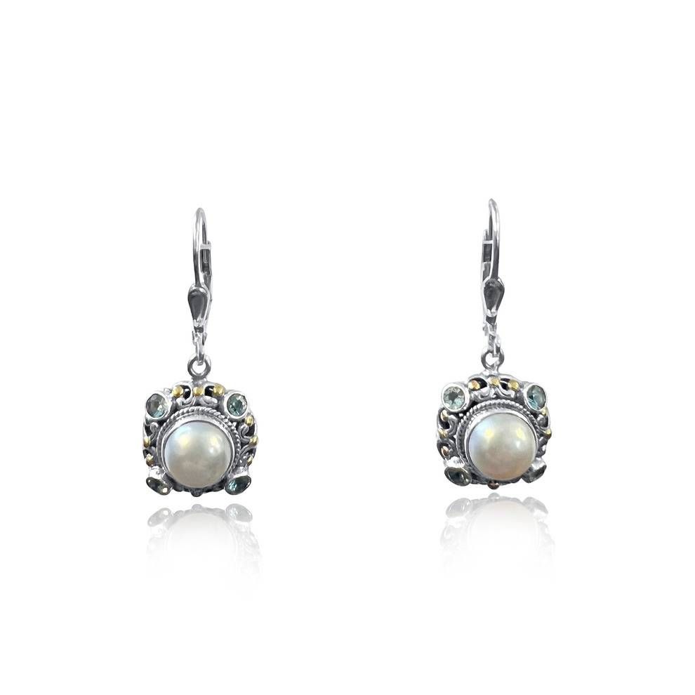 Bali Silver Collection W/18KT Pearl  & Blue Topaz Earrings