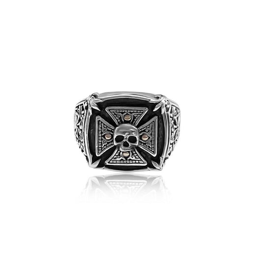 Bali Silver Collection W/18KT Skull on Cross Bali Ring